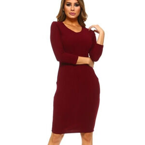 Kangaroo Pockets Solid Red Bodycon Midi Dress Casual Church Office 7/8 Sleeves